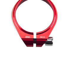 Load image into Gallery viewer, close up red bike seat post clamp
