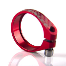Load image into Gallery viewer, close up red bike seatpost clamp machined cnc
