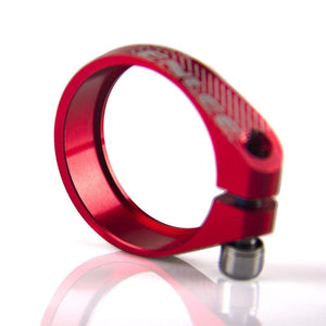 close up red bike seatpost clamp machined cnc